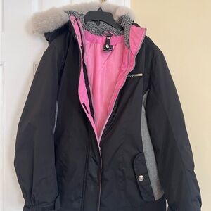 ZeroXposur Black and Pink Puffer Jacket with Faux Fur Hood
